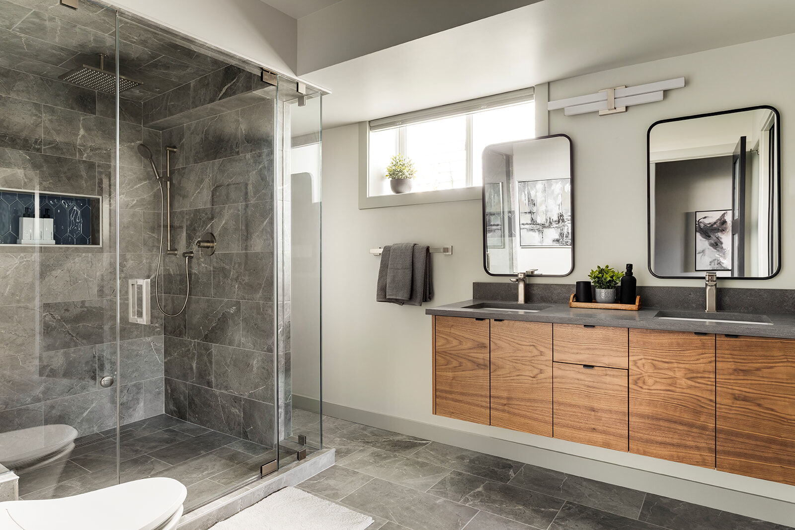 Neutral modern spa bathroom renovation, blue and grey bathroom design